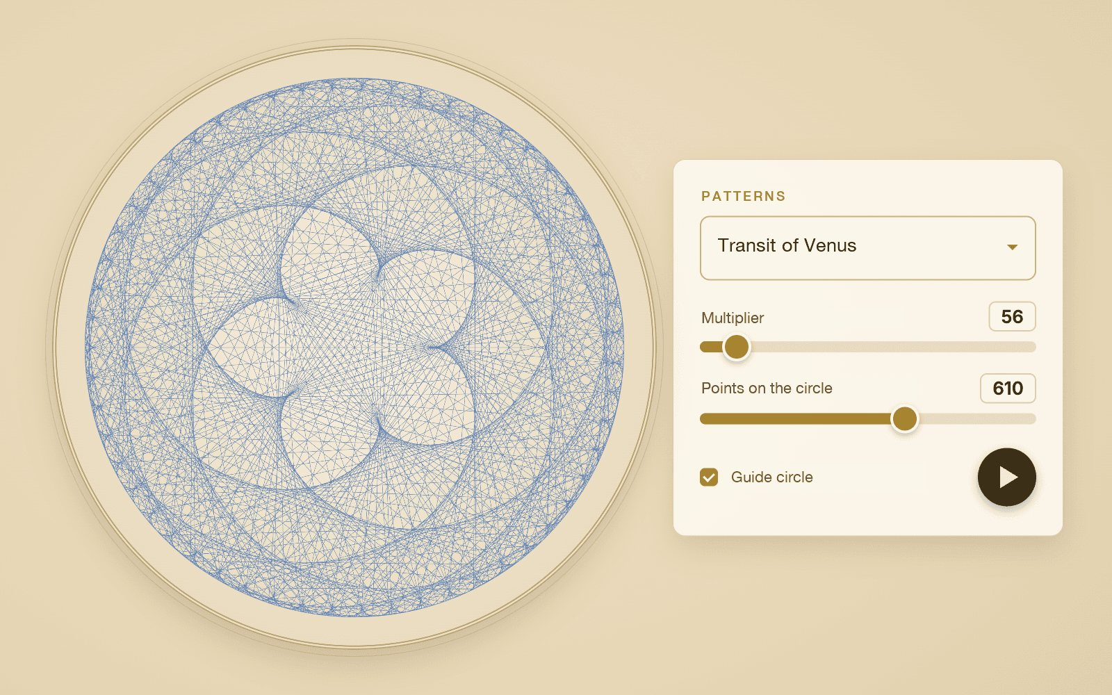 Blue Transit of Venus mandala beside the control panel of the circular modular arithmetic simulator