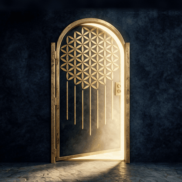 Porta dourada em arco com a Flor da Vida, arte de Geometria Sagrada: A Imersão