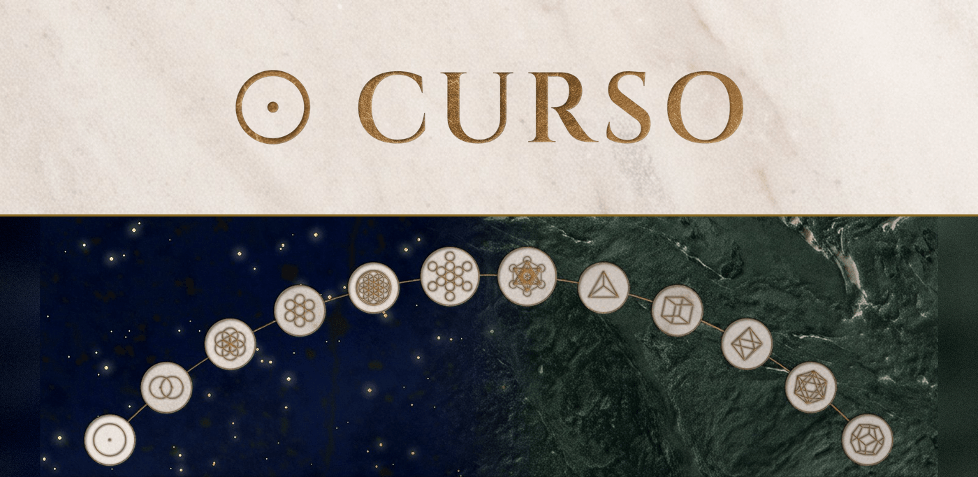 O Curso: os símbolos fundamentais em arco, do ponto ao dodecaedro, entre o céu estrelado e o relevo da terra