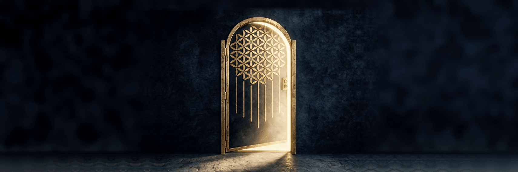 Porta dourada em arco com a Flor da Vida, arte de Geometria Sagrada: A Imersão